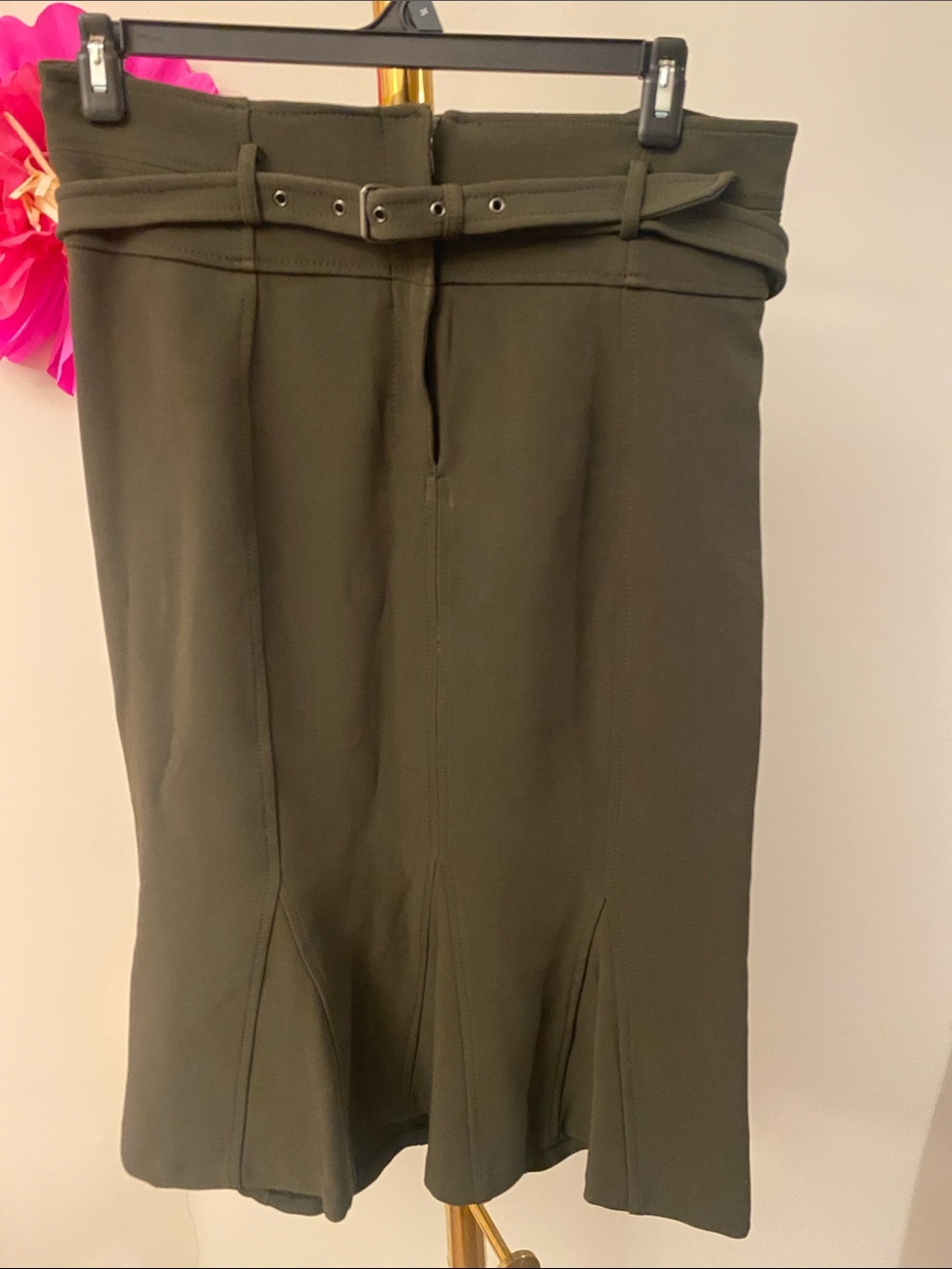 Olive Green Belted Pencil Skirt